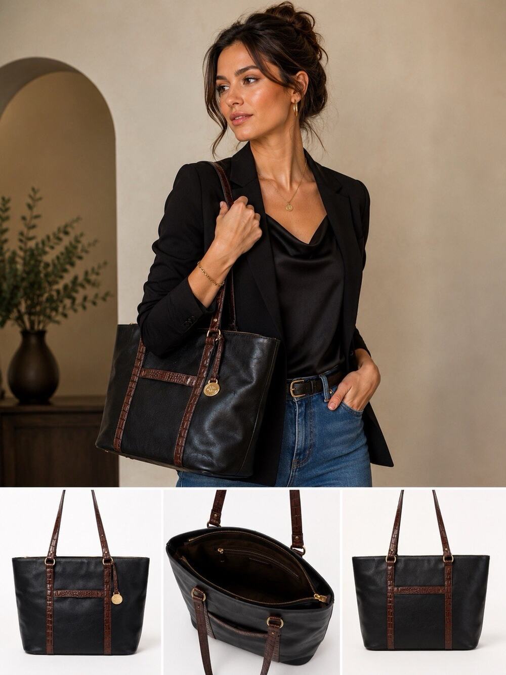 Brahmin Vintage Leather Shoulder Tote Bag Embossed Brown Leather W Black Leather